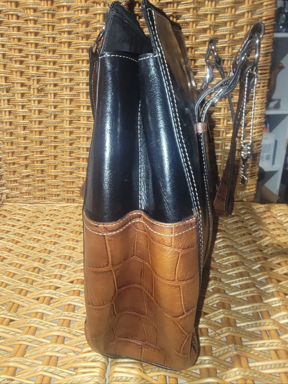 Fossil Black Brown Leather Handbag Computer Briefcase Croc Satchel W/ Key - Picture 4 of 10